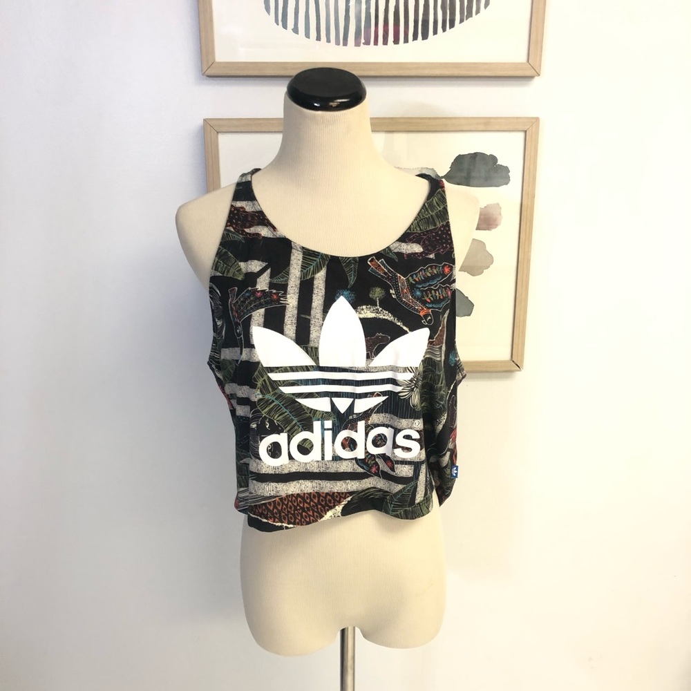 Adidas Black Tropical Pelican Print Crop Top Tank